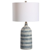 Charming and creative in its own way this ceramic table lamp is here to serve the best of its purpose Replicating bottle shaped silhouette it has textured details all over the piece which adds to the crudeness 3 way socket switch and E26 bulb base allows 