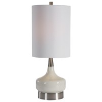 Featuring contemporary style this pot bellied shaped table lamp crafted from ceramic will simply make a style statement Resting atop round shaped metal base it has cylindrical shaped fabric shade which allows the light to filter through and create a pleas