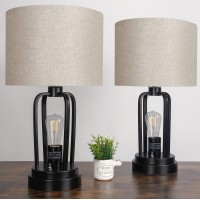 Suraielec Table Lamps With Night Light And Usb, Set Of 2, Industrial Farmhouse Table Lamp For Living Room Bedroom Nightstand End Table, Linen Drum Shade, Matt Black Metal Base, 2 Lower Bulbs Included