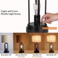 Suraielec Table Lamps With Night Light And Usb, Set Of 2, Industrial Farmhouse Table Lamp For Living Room Bedroom Nightstand End Table, Linen Drum Shade, Matt Black Metal Base, 2 Lower Bulbs Included