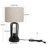 Suraielec Table Lamps With Night Light And Usb, Set Of 2, Industrial Farmhouse Table Lamp For Living Room Bedroom Nightstand End Table, Linen Drum Shade, Matt Black Metal Base, 2 Lower Bulbs Included