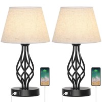 Mooace Bedside Table Lamp Set Of 2 With Dual Usb Ports, Black Metal Nightstand Lamps With Usb For Bedroom, Living Room, Guest Room, Office, Dorm, Linen/Black (Bulb Not Included)