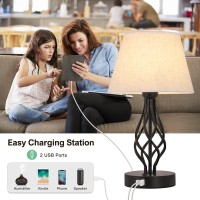 Mooace Bedside Table Lamp Set Of 2 With Dual Usb Ports, Black Metal Nightstand Lamps With Usb For Bedroom, Living Room, Guest Room, Office, Dorm, Linen/Black (Bulb Not Included)