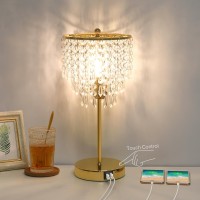 Touch Control Crystal Table Lamp With Dual Usb Ports, 3-Way Dimmable Gold Lamp, Bedside Light With Crystal Shade, Girls Lamp For Bedroom, Living Room, Teens Room, Dresser, 6W Led Bulb Included