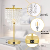 Touch Control Crystal Table Lamp With Dual Usb Ports, 3-Way Dimmable Gold Lamp, Bedside Light With Crystal Shade, Girls Lamp For Bedroom, Living Room, Teens Room, Dresser, 6W Led Bulb Included