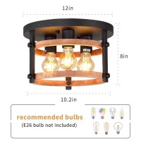 3-Light Flush Mount Ceiling Light Fixture Rustic Black Metal Ceiling Lights Oak Wood And With E26 Farmhouse Ceiling Lamp For Kitchen Island Bedroom Dining Room Bathroom Entrance