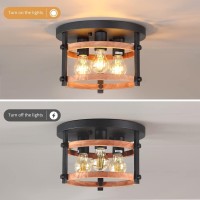 3-Light Flush Mount Ceiling Light Fixture Rustic Black Metal Ceiling Lights Oak Wood And With E26 Farmhouse Ceiling Lamp For Kitchen Island Bedroom Dining Room Bathroom Entrance