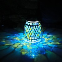 Mosaic Solar Lanterns Outdoor Hanging Lights, Solar Table Lamps Cool Blue Color Mosaic Glass Lights, Outdoor Waterproof Solar Night Lights, Garden,Patio,Pathway Yard Dacor