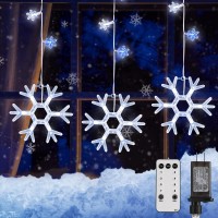 Christmas Snowflake Icicle Lights Outdoor - Plug-In 7Ft 8 Drops 80Led Snowflake Lights With Remote And Timer, Connectable For Outdoor Porch Eaves Roof Pergola Canopy Christmas Decor (Blue And White)