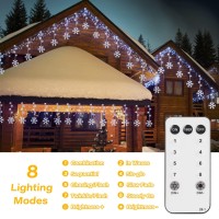 Christmas Snowflake Icicle Lights Outdoor - Plug-In 7Ft 8 Drops 80Led Snowflake Lights With Remote And Timer, Connectable For Outdoor Porch Eaves Roof Pergola Canopy Christmas Decor (Blue And White)