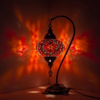 (6 Variation) Turkish Moroccan Mosaic Lamp Light, Turkish Lamp, Handmade Mosaic Glass Swan Neck Table Lamp - Tiffany Style Bohemian Colorful Mosaic Bedside Night Lamp With Led Bulb (Red)