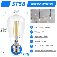 Energetic Dimmable Led Filament Light Bulbs, High Brightness, 8W, 60 Watt Equivalent, St58 St18, Daylight 5000K, Classic Clear Glass, 6 Pack