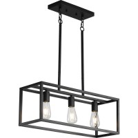 Xislthotsl Black Kitchen Island Lighting Modern Linear Cage Retangular Chandelier 3 Lights Industrial Metal Hanging Light Fixt