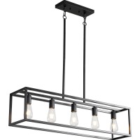 Black Farmhouse Kitchen Island Lighting Modern Industrial Chandelier 5Light Linear Rectangular Pendant Light Fixtures For Far