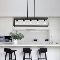 Black Farmhouse Kitchen Island Lighting Modern Industrial Chandelier 5Light Linear Rectangular Pendant Light Fixtures For Far