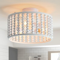 Tewei Wood Bead Chandelier, Semi Flush Mount Boho Nursery Ceiling Light Fixture Rustic 3 Lights Chandelier Farmhouse E26 For Kitchen Bedroom Living Dining Room White