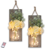 Mason Jar Sconces Home Wall Decor Include Remote Control - Farmhouse Sconces Wall Lighting For Home Living Room Kitchen Bedroom Bathroom Decoration With 6-Hour Timer Led Lights Flowers,Set Of 2 Grey