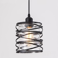 Fisgoni Modern Mini Pendant Light Fixture Kitchen Island Pendant Lighting 6.30''Matte Black Spiral Cage Handblown Clear Seeded Glass Shade Hanging Lamp Adjustable Cord For Dining Room 1-Pack,E26