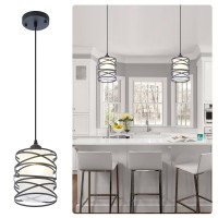 Modern Mini Pendant Light Fixture Kitchen Island Pendant Lighting 6.30''Matte Black Spiral Cage And Handblown Frosted Haze Glass Shade Hanging Lamp Adjustable Cord For Christmas Gift,Dining Room