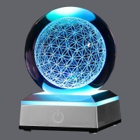 Xintou 3D Flower Of Life Crystal Ball With Led Colorful Lighting Touch Base, Chakra Healing Grid Flower Globe For Spiritual Decor, Laser Engraved Seek Of Flower Inside A Sphere