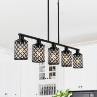 Kpiok Kitchen Island Lighting,5-Light Dining Room Light Fixture Over Table,Black Linear Chandelier With Black Handmade Crystal Shade,Pendant Lighting For Kitchen Light Dining Table Living Room