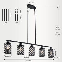 Kpiok Kitchen Island Lighting,5-Light Dining Room Light Fixture Over Table,Black Linear Chandelier With Black Handmade Crystal Shade,Pendant Lighting For Kitchen Light Dining Table Living Room