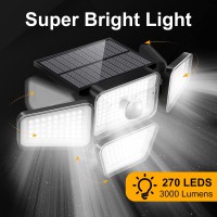 Solar Lights Outdoor, 270 Led 3000Lm Motion Sensor Light, Ip65 Waterproof 4 Heads 3 Modes 330Wide Angle 6500K Solar Powered Security Led Wireless Flood Lights Luces Solares Para Exteriores (2 Pack)