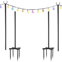 String Light Poles For Outdoor Lights 2 Pack,100 Inch Height Adjustable Metal Stand Pole With Hooks Hanging Lights,Garden, Backyard, Patio Lighting Parties, Wedding (Black)