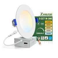 Zouzai 1 Pack 4 Inch 5Cct Ultra-Thin Led Recessed Ceiling Light With Junction Box, 2700K/3000K/3500K/4000K/5000K Selectable, 9W Eqv 80W, Dimmable, Led Can Lights - Etl And Energy Star Certified