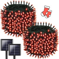 Kaq Overlength 2Pack Total 210Ft 600Led Red Solar Christmas String Lights Outdoor, Waterproof 8 Modes Christmas Tree Lights For Garden Party Christmas Decorations (Red)