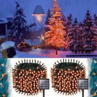 Overlength Solar Christmas Lights Outdoor 2Pack Total 210Ft 600Led Solar Christmas String Lights , Waterproof Outdoor String Lights With 8 Modes Christmas Tree Lights For Christmas Decorations(Orange)