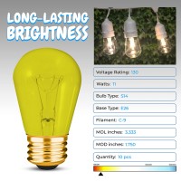 Ohlectric S14 Transparent Yellow Incandescent Bulbs For Outdoor String Lights | 11 Watts Dimmable Bulbs With E26 Base, 5000 Lighting Hours | Pack Of 10