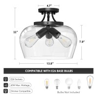 Vonluce Semi Flush Mount Ceiling Light 3Bulb Black Ceiling Light Fixture With Clear Glass Shade 138 Industrial Ceiling Lig