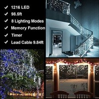 Christmas Lights Outdoor Decorations 1216 Led 99Ft 8 Modes Curtain Fairy String Light With 228 Drops, Clear Wire Led String Light Indoor Decor For Wedding Party Holiday Christmas Decoration Cool White