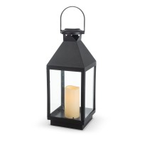 This 1811high black plasic with glass panes is solar rechargeable for your ease of use Inside the four glass panes is a 3inch diameter x 6inch high warm white LED Resin candle Place in direct sunlight for optimum charging Requires 1 AA NIMH 330mAh 12V rec