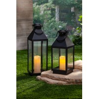 This 1811high black plasic with glass panes is solar rechargeable for your ease of use Inside the four glass panes is a 3inch diameter x 6inch high warm white LED Resin candle Place in direct sunlight for optimum charging Requires 1 AA NIMH 330mAh 12V rec