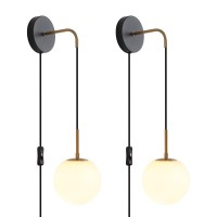 Kuzzull Plug In Wall Sconces Set Of 2 Black And Brass Gold Wall Sconces Set Of Two Plug In Hanging Wall Lamp With Plug In Cord With Globe White Glass Shade Vintage Wall Lights With Switch For Bedside