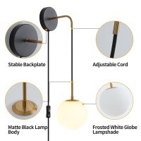 Kuzzull Plug In Wall Sconces Set Of 2 Black And Brass Gold Wall Sconces Set Of Two Plug In Hanging Wall Lamp With Plug In Cord With Globe White Glass Shade Vintage Wall Lights With Switch For Bedside