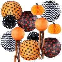 Uniqooo 12 Pack Halloween Decorations Hanging Paper Lantern Pumpkin Set, Black Orange Polka Dots Wave Prints For Indoor Outdoor, Home Ceiling Yard Garden, Classroom, Party Props, 12