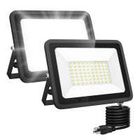 Lhotse 2 Pack 50W Led Flood Light Outdoor 7000 Lumens Led Work Light With Plug Ip65 Waterproof Outdoor Floodlights 6500K Daylig