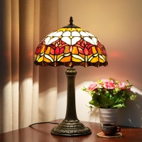 Blivuself Red Tulip Tiffany Style Stained Glass Table Lamp Bed Room Bedside Reading Desk Light For Living Office Dormitory Bar Retro Unique Cute Accent Decor Cottage 12