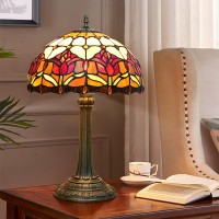 Blivuself Red Tulip Tiffany Style Stained Glass Table Lamp Bed Room Bedside Reading Desk Light For Living Office Dormitory Bar Retro Unique Cute Accent Decor Cottage 12