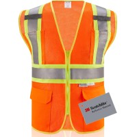 Sulwzm 3M High Visibility Reflective Safety Vest With Zipper And Pockets Orange,L