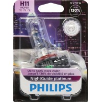 Philips NightGuide platinum upgrade headlight bulbs offers up to 130 more vision for safer driving compared to standard halogen bulb These bulbs improve visibility at night and enhance driver comfort by reducing fatique Projecting light farther ahead give