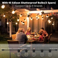 Zotoyi Outdoor String Lights 150 Ft, 45+5 Shatterproof Led Bulbs String Dimmable Patio Lights, Outdoor Lights For Patio, Hanging Lights For Patio Cafe Bistro Gazebo Backyard