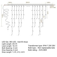 Dazzle Bright 360 Led Christmas Icicle Lights, 29.5 Ft 8 Modes Curtain Fairy Lights With 60 Drops, Connectable Xmas String Lights For Outside Holiday Wedding Party Decorations (White)