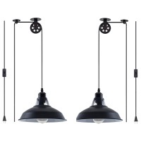 Plug In Pendant Light Industrial Pulley Pendant Lamp E26 Vintage Hanging Light Fixture With 16.4Ft Cord On/Off Switch For Pool Table,Houseplant Grow Lights,Kitchen Island,Sink 2 Pack Black