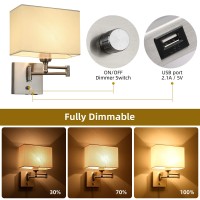 Wall Lamp 9.5Inch, Wall Light Built In Usb Port And Dimmer, Wall Lamp With Plug In Cord, Wall Lamps For Bedroom Living Room, Wall Sconce With White Fabric Shade Light Up Your Office Enough