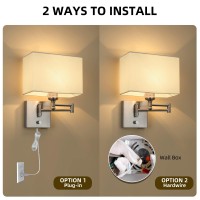 Wall Lamp 9.5Inch, Wall Light Built In Usb Port And Dimmer, Wall Lamp With Plug In Cord, Wall Lamps For Bedroom Living Room, Wall Sconce With White Fabric Shade Light Up Your Office Enough