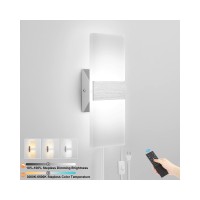 Encomli Plug In Wall Sconces With Stepless Adjustable 3000K-6500K Colors And 10%-100% Brightness, Sconces Wall Lighting With Remote Control 12W Acrylic Led Wall Lamp With 6Ft Plug In Cord, 1 Pack